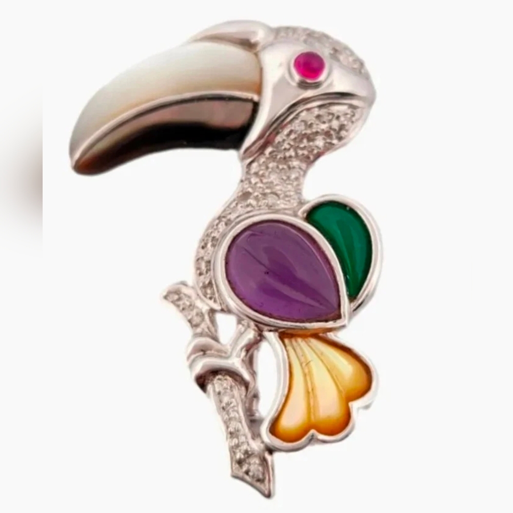 18k Gold Diamond Pendant Brooch Multi Gemstones Bird Large Estate 9.3 g